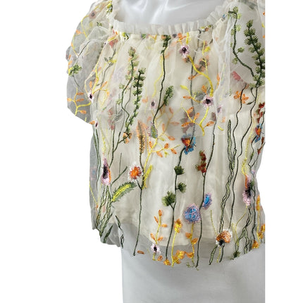 Lucy Paris White Floral Mesh Embroidered Flutter Sleeve Ruffle Blouse Top Size S
