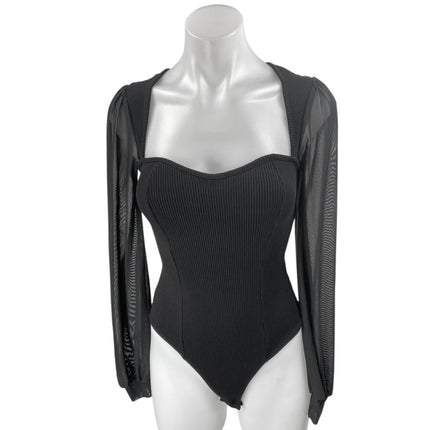 Lulus Black Long Sleeve Mesh Ribbed Knit Sweetheart Blouse Bodycon Top Size S