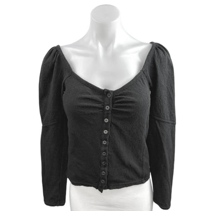 Free People Women's Black Long Puff Sleeve Scoop Neck Button Up Blouse Top Sz M