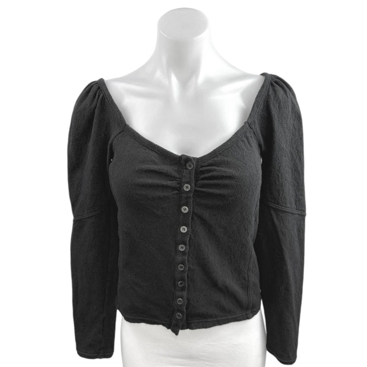 Free People Women's Black Long Puff Sleeve Scoop Neck Button Up Blouse Top Sz M