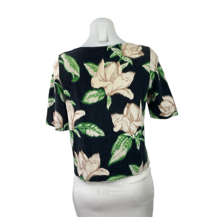 Anthropologie Women's Black Floral Short Sleeve Scoop Neck Blouse Top Size S