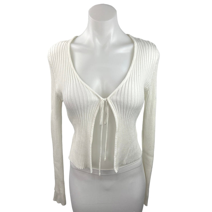 Ultra Flirt Women's White Knit Long Sleeve Front Tie Cardigan Sweater Top Size L