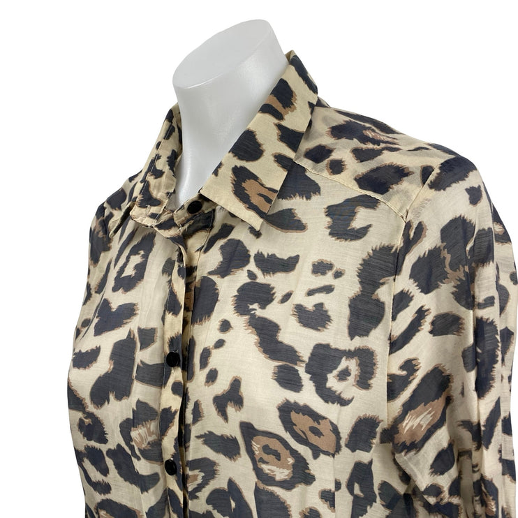 Emi-Jo Women's Leopard Print Collared Long Sleeve Button Down Shirt Blouse Top M