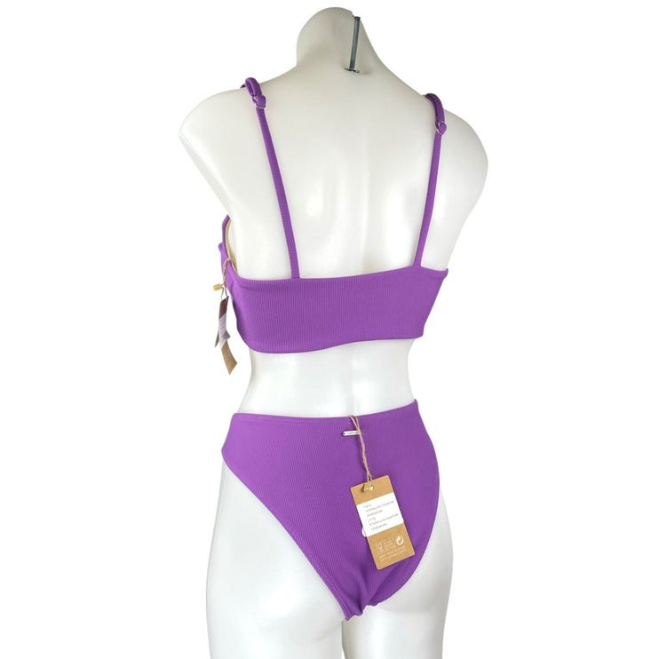 NEW Berlook Purple Ribbed Knit Twist Front Two Piece Set Swimsuit Swimwear Sz L