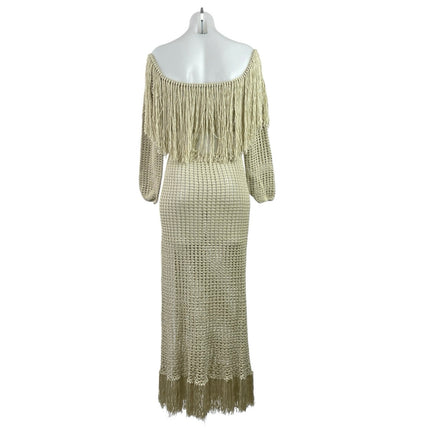 Beige Off The Shoulder Crochet Long Sleeve Boho Knit Fringe Maxi Dress Size S
