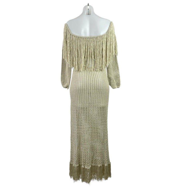 Beige Off The Shoulder Crochet Long Sleeve Boho Knit Fringe Maxi Dress Size S