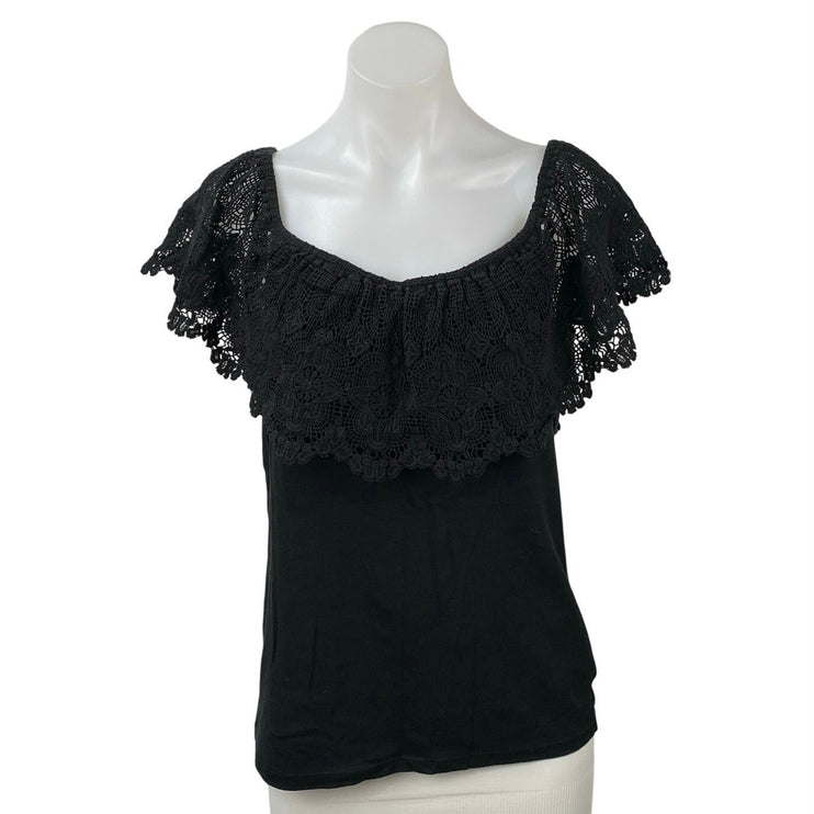 LAUREN Ralph Lauren Women's Black Lace Off The Shoulder Cotton Blouse Top Size L