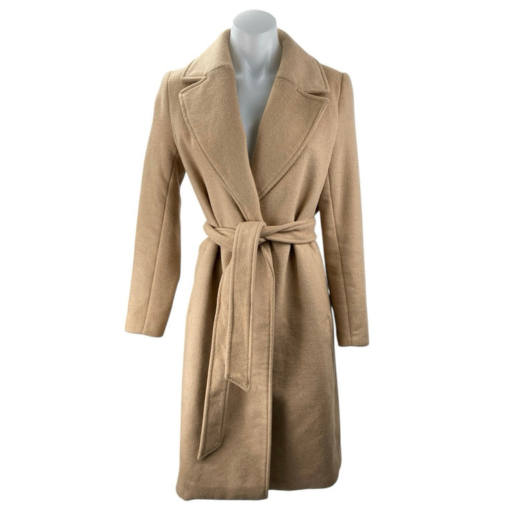 H&M Women's Beige Tan Wool Belted Long Sleeve Wrap Trench Over Coat Jacket Sz 2
