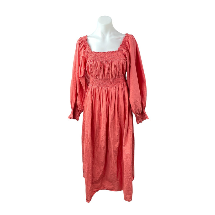 Doen Women's Pink Long Puff Sleeve Smocked Peasant Ruffle A Line Midi Dress M