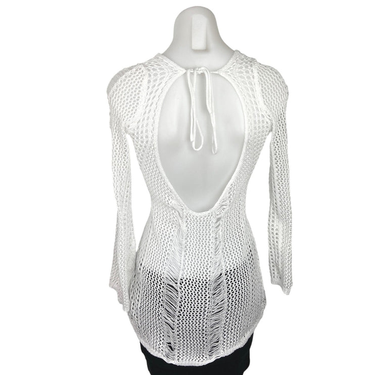 White Crochet Tie Open Back Summer V Neck Long Sleeve Beach Cover Up Top Size M