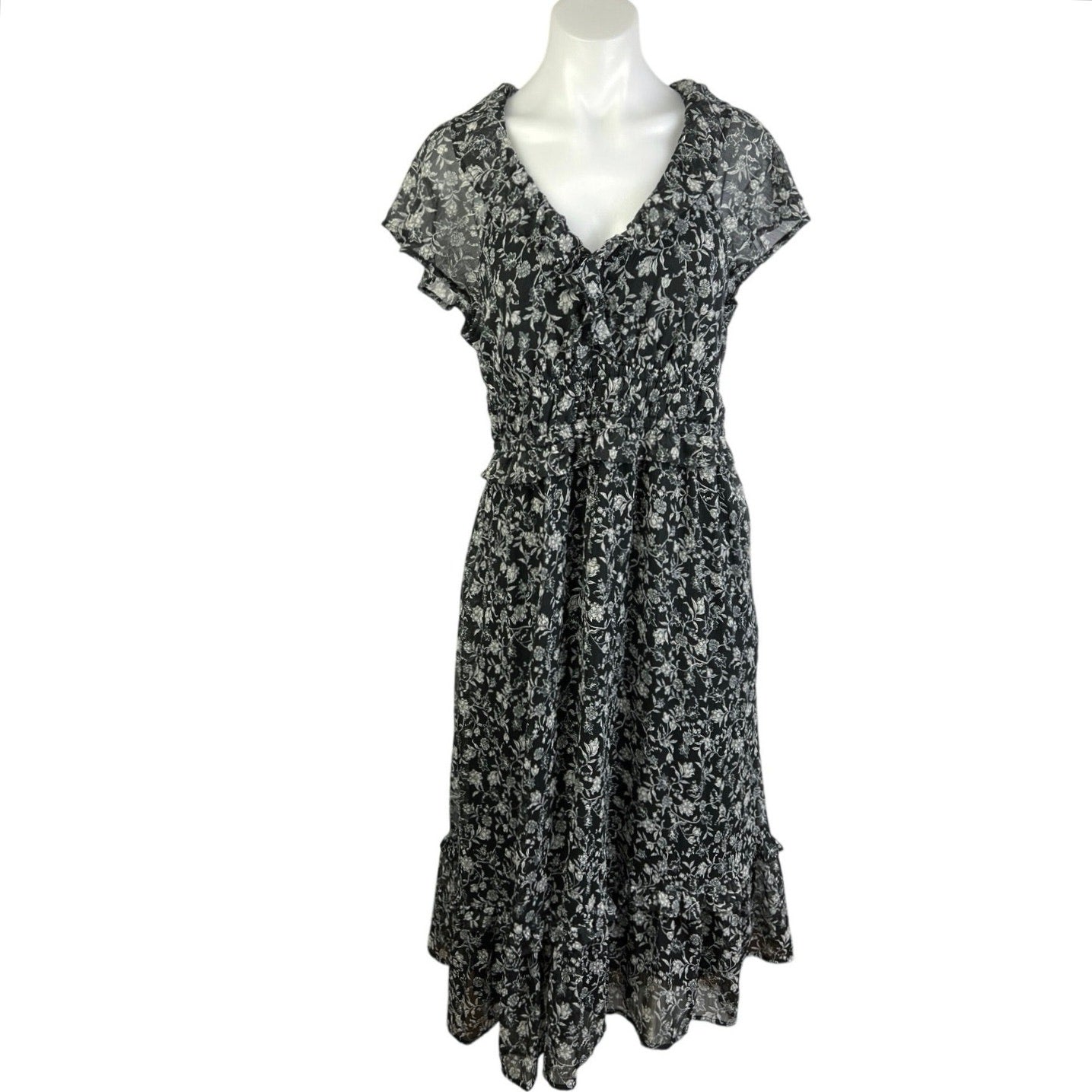 Old Navy Black Floral Ruffle Flutter Sleeve V Neck Tiered A Line Midi Brie Old Navy Black Floral Ruffle Flutter Sleeve V Neck Tiered A Line Midi Brie