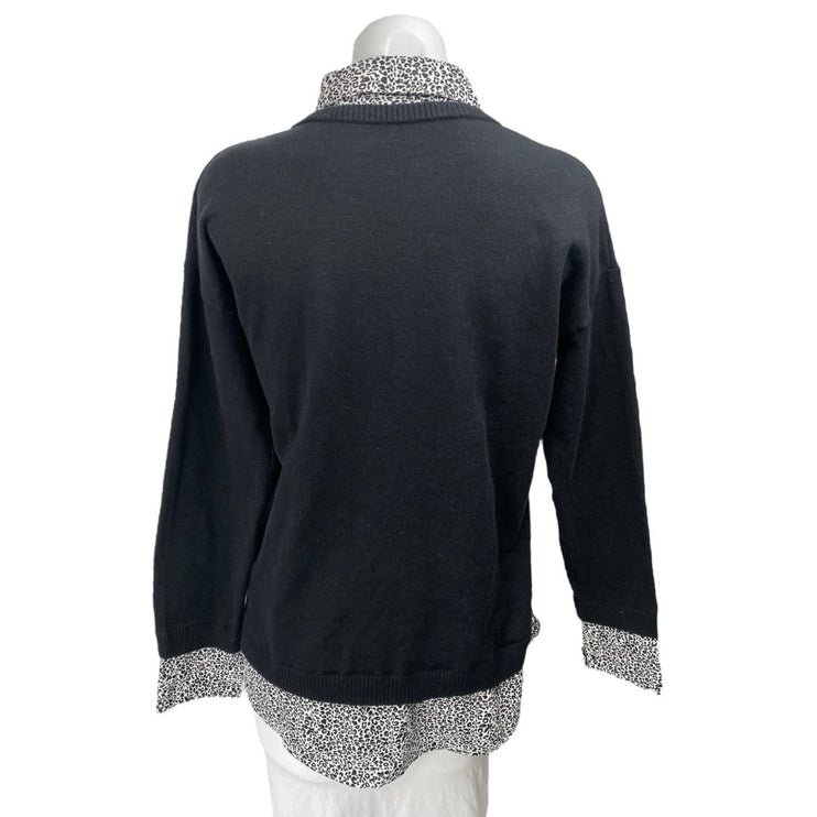 Adrianna Papell Black Leopard Animal Print Long Sleeve Sweater Shirt Top Size M