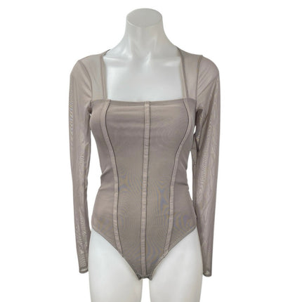 Abercrombie & Fitch Gray Tan Mesh Long Sleeve Square Neck Corset Bodysuit Top S