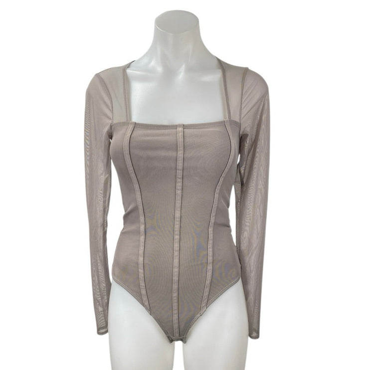 Abercrombie & Fitch Gray Tan Mesh Long Sleeve Square Neck Corset Bodysuit Top S