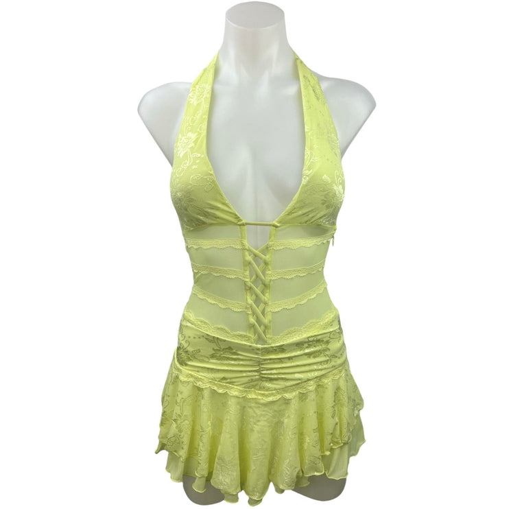 Outcast Yellow Mesh Plunging Halter Neck Backless One Piece Bodysuit Dress Sz XS