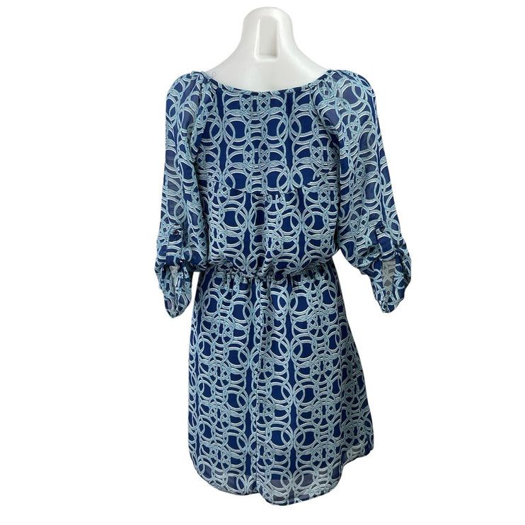 Charming Charlie Blue Geometric 3/4 Sleeve Scoop Neck Mini Blouson Dress Size S