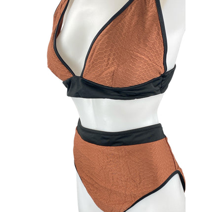 NEW Sanctuary Brown Honeycomb Triangle High Waist Two Piece Bikini Swimwear Sz L