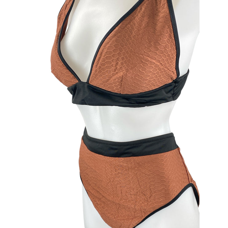 NEW Sanctuary Brown Honeycomb Triangle High Waist Two Piece Bikini Swimwear Sz L