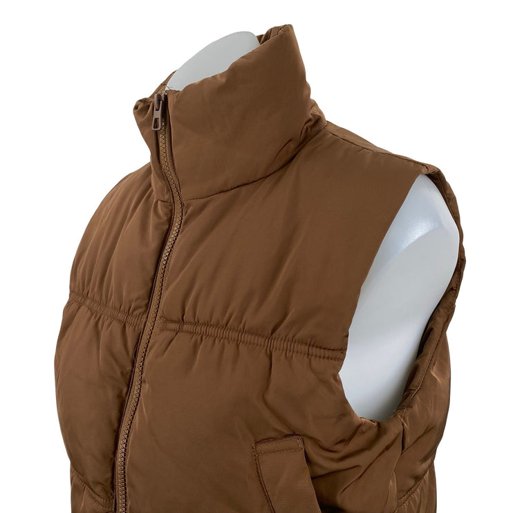 H&M Women's Brown Stand Collar Full Zip Sleeveless Crop Puffer Coat Jacket XXS