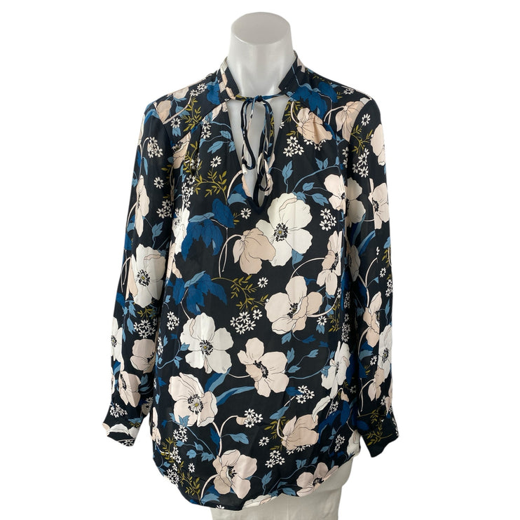 Laundry by Shelli Segal Black Floral Long Sleeve Tie Neck Blouse Top Size 10