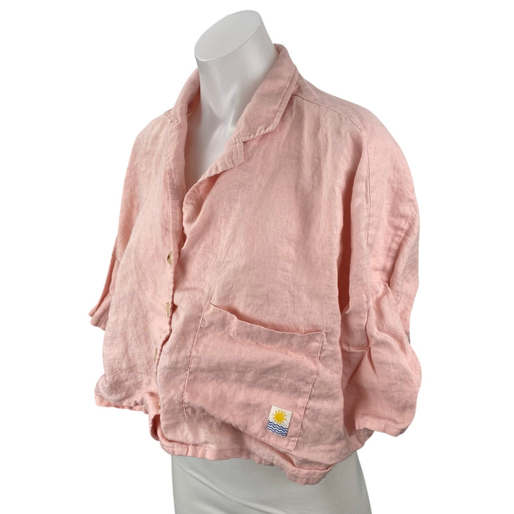 L.F. Markey Women's Pink Coral Half Sleeve Button Down Cropped Shirt Top S/M