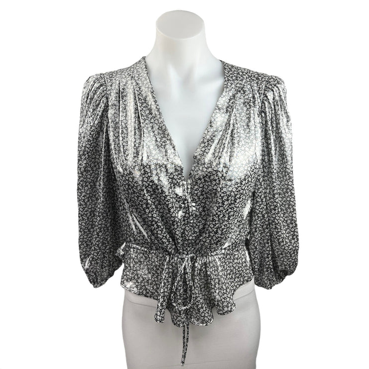 Free People Small Talk That Talk Silver Metallic Floral Peplum Blouse Top Sz XS