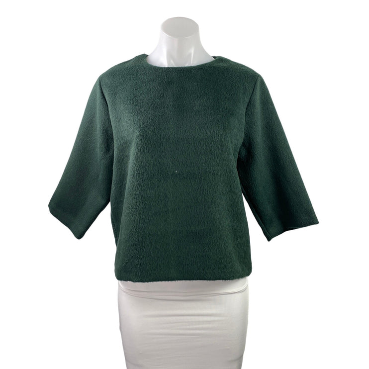 The Gray Women's Green Faux Fur Fleece Half Sleeve Crew Neck Sweater Top Size M