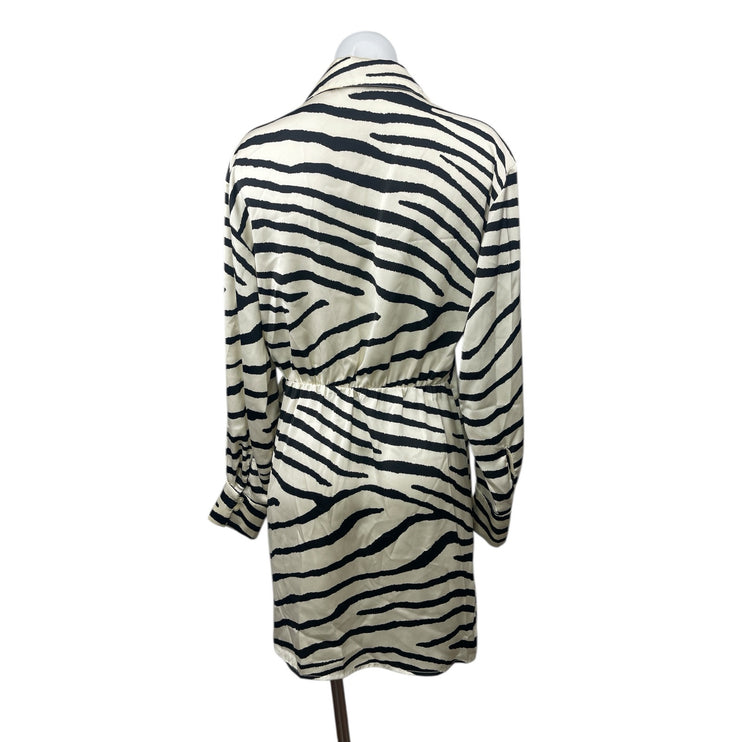 H&M Women's White Black Silky Satin Zebra Print Long Sleeve Mini Wrap Dress Sz M