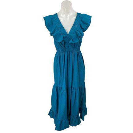 Japna Blue Sleeveless Ruffle V-Neck Elastic Waist Tiered Midi A-Line Dress Sz S