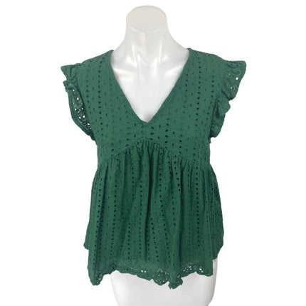 The Impeccable Pig Green Embroidered Eyelet Ruffle Babydoll Blouse Top Size M