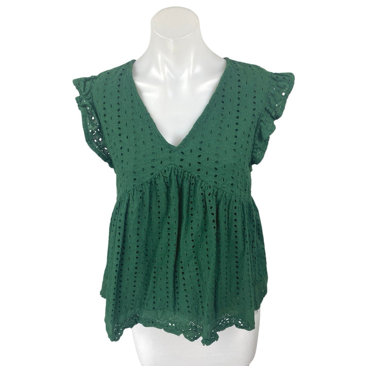 The Impeccable Pig Green Embroidered Eyelet Ruffle Babydoll Blouse Top Size M