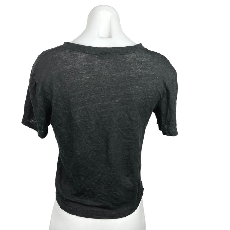 A.L.C. Black V Neck Short Sleeve 100% Linen Cropped T Shirt Tee Top Size XS