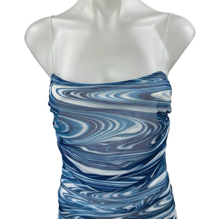 Et Clet Blue Swirl Marble Print Sleeveless Strapless Mini Tube Bodycon Dress S