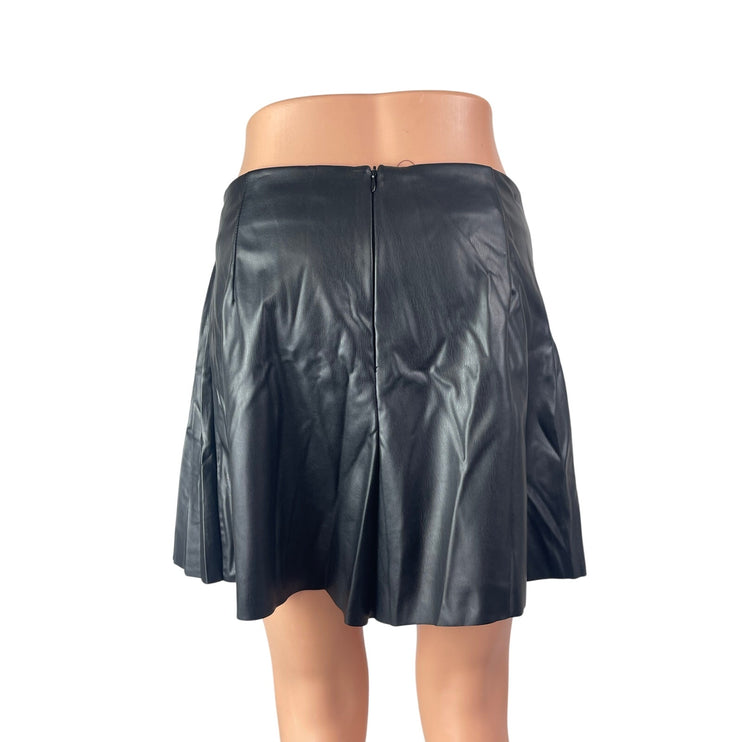Zara Black Faux Vegan Leather Low Rise Double Belt Mini Flare A-Line Skirt Sz L