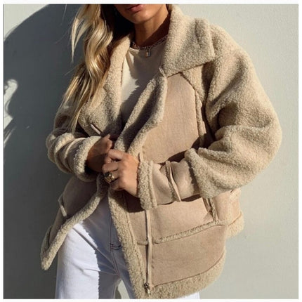 Princess Polly Women's Beige Tan Sherpa Faux Suede Teddy Moto Coat Jacket Size S