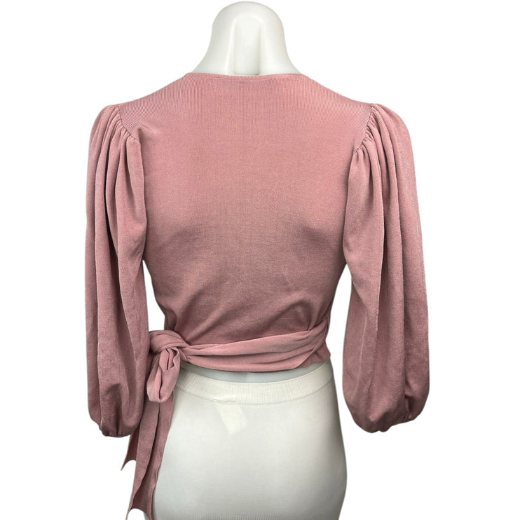 Zara Pink Wrap V-Neck Puff Balloon Sleeve Knitted Tie Waist Crop Blouse Top S