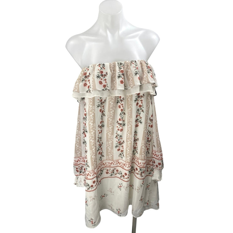 Endless Rose Beige Floral Strapless Bandeau Tube Ruffle Tiered Mini Dress Size S