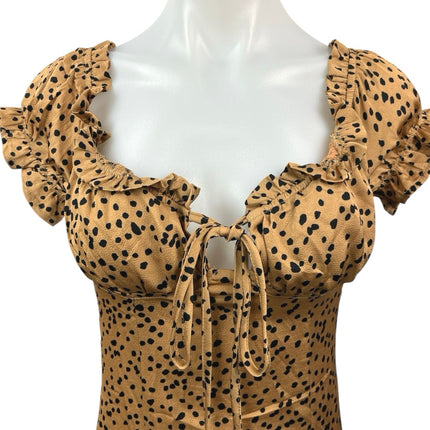 NEW Princess Polly Tan Black Cheetah Silk Satin Ruffle Mini Bodycon Dress Size 8