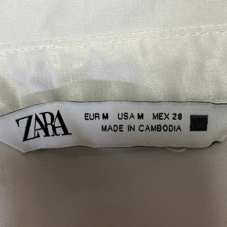 Zara White Satin Collared Oversized Long Sleeve Button Down Shirt Top Size M