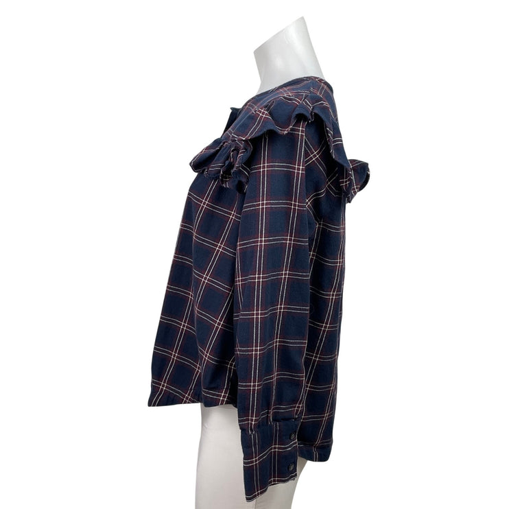 Madewell Women's Blue Plaid Ruffle Yoke Long Sleeve Check Blouse Top Size M