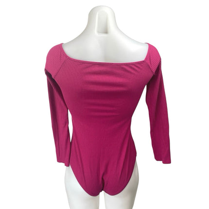 Sezane Women's Pink Long Sleeve Square Ribbed Knit One Piece Bodysuit Top Size S