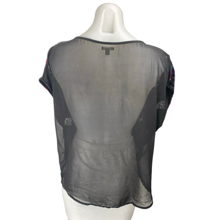Ecote Multicolor Velvet Velour Paisley Short Sleeve Sheer Mesh Blouse Top Size M