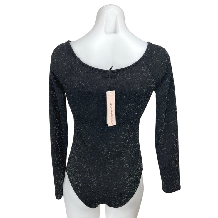 NEW Aqua Black Metallic Glitter Shimmer Long Sleeve One Piece Bodysuit Top Sz M