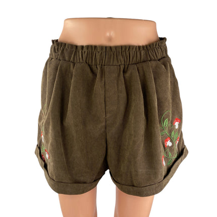 Women's Corduroy Fairycore Embroidered Elastic Waist Wide Leg Paperbag Shorts M