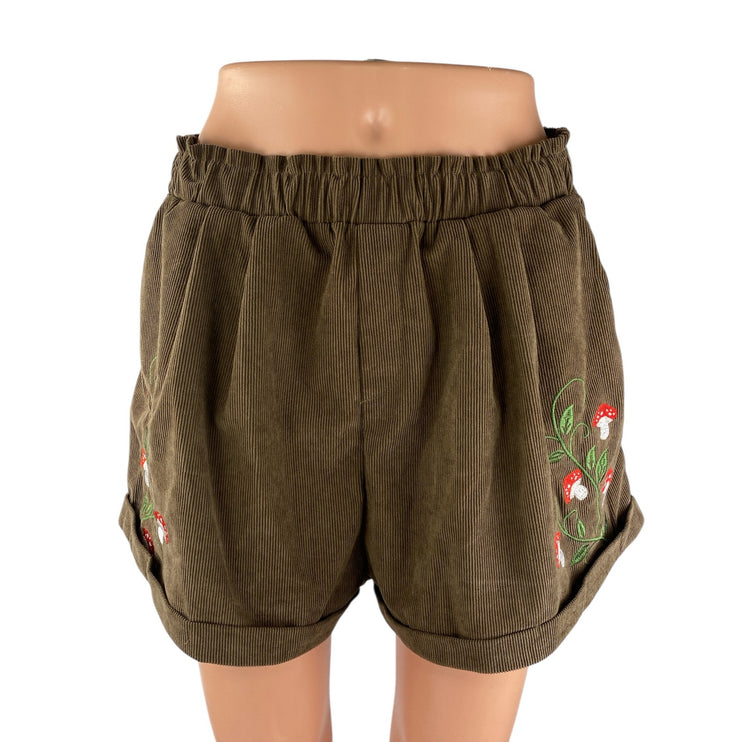Women's Corduroy Fairycore Embroidered Elastic Waist Wide Leg Paperbag Shorts M