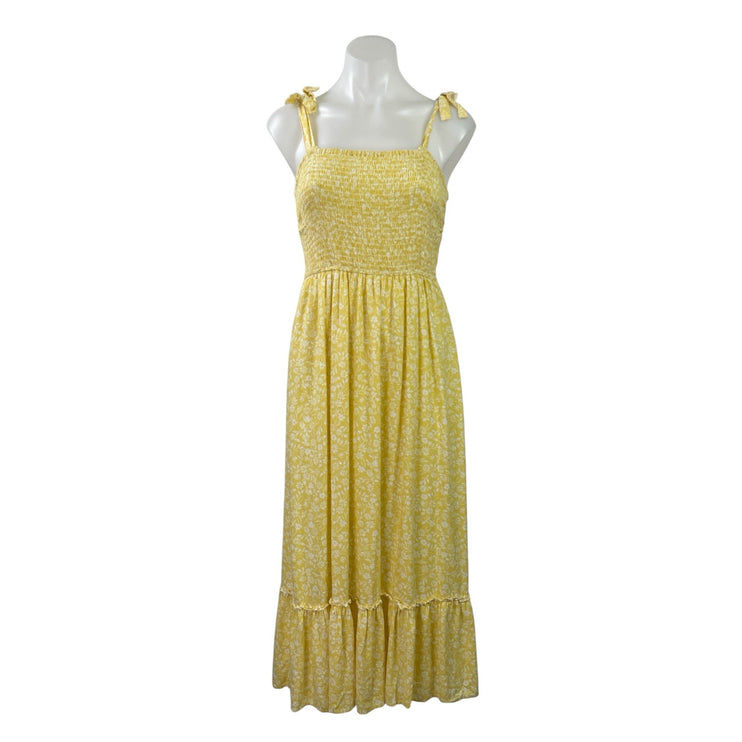 Japna Yellow Floral Shirred Smocked Sleeveless Tie A Line Fit & Flare Dress S