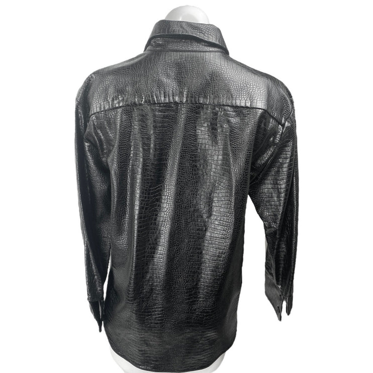 Zara Women's Black Faux Leather Vegan Croc Long Sleeve Button Up Jacket Size S