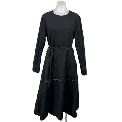 Zara Black Long Sleeve Round Neck Belted Tiered Cotton A Line Midi Dress Sz XXL