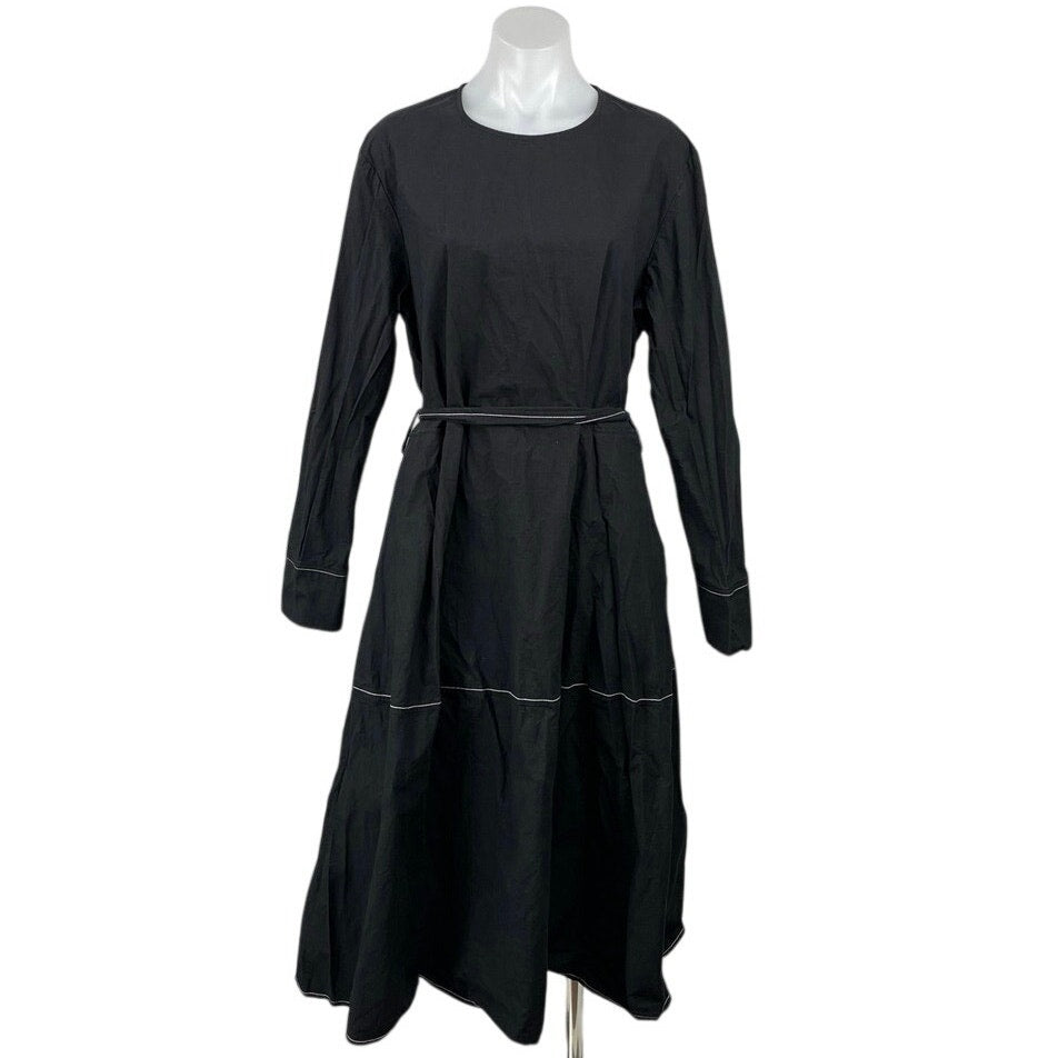 Zara Black Long Sleeve Round Neck Belted Tiered Cotton A Line Midi Dre – Brie