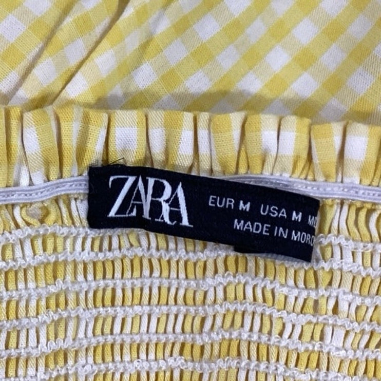 Zara Yellow White Gingham Checkered Ruffle Smocked Sleeveless Crop Top Size M